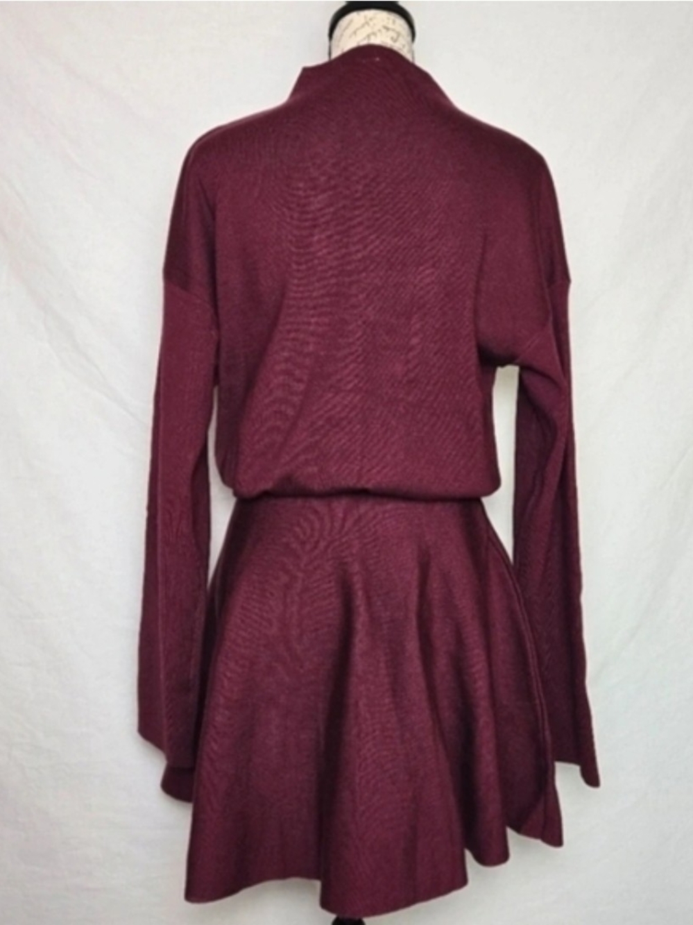 Burgundy Mock Neck Sweater Dress Fit Flare Skater Knit Mini Long Sleeve L - Picture 3 of 5